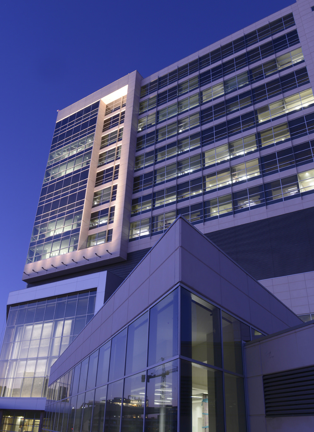 Exterior of Clements University Hospital at night